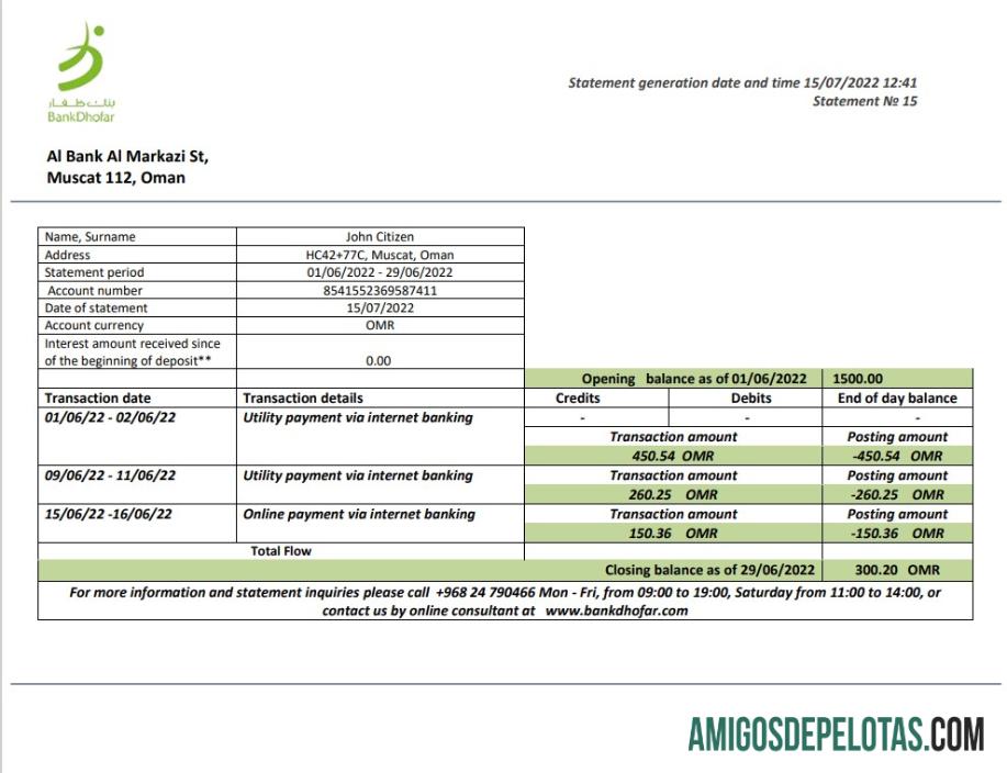 Modelo de extrato bancário do Oman Bank Dhofar para download em formato Word e PDF